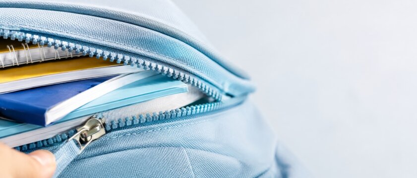 Back to school supplies in light blue backpack against soft background