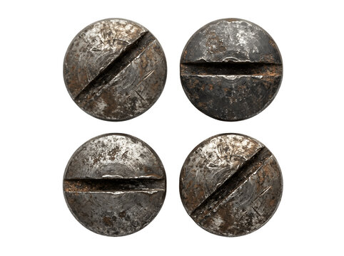 Set of four rusty metal screws with worn surfaces and deep slots funny animal emoji isolated on transparent background