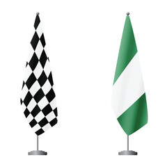 Fototapeta premium Checkered and Nigeria flags on flagpoles for official ceremonies and meetings, transparent background vector