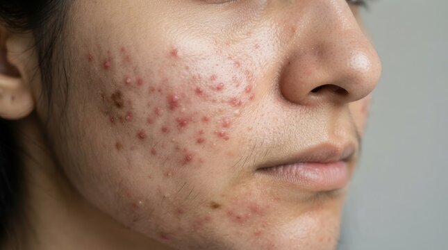 Close up of a young person face suffering from a severe acne skin problem