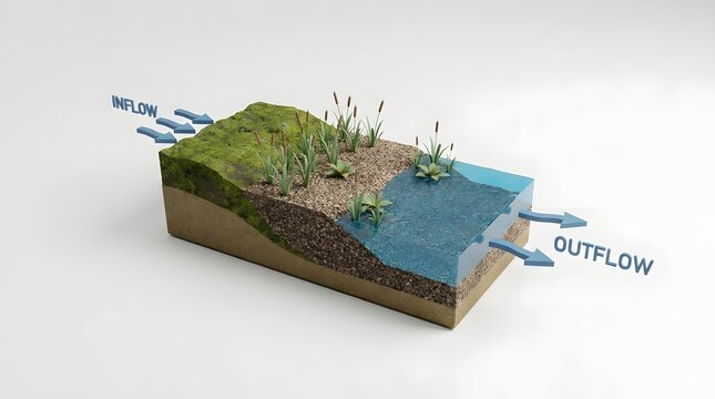 Cross Section of Natural Water Filtration System with Vegetation Sand and Water