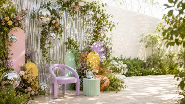 Garden disco party setting with pastel decorations and reflective elements