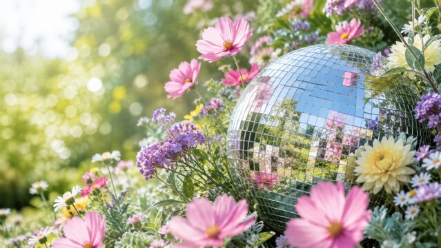 Disco ball nestled among colorful flowers in sunny garden setting, background
