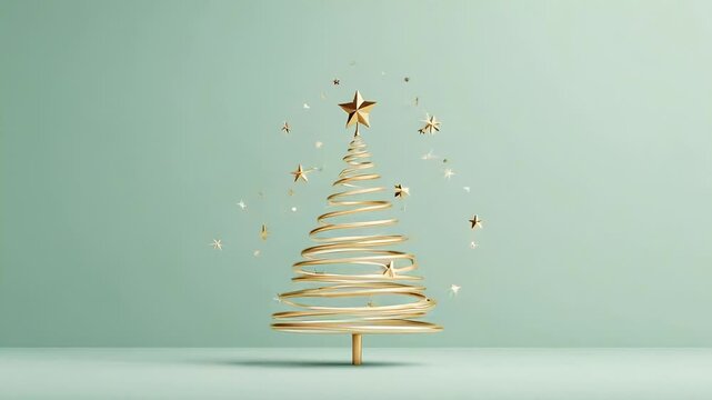 ?Elegant golden spiral christmas tree with falling stars on green background