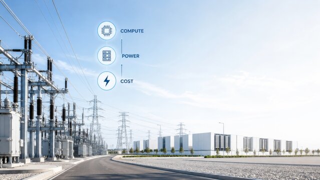 Power station with surrounding infrastructure under clear sky, suitable for energy concept