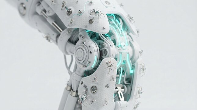 A mechanical humanoid limb displays advanced bionic engineering features where glowing neon filaments power the complex internal articulation joints for superior mobility in future science