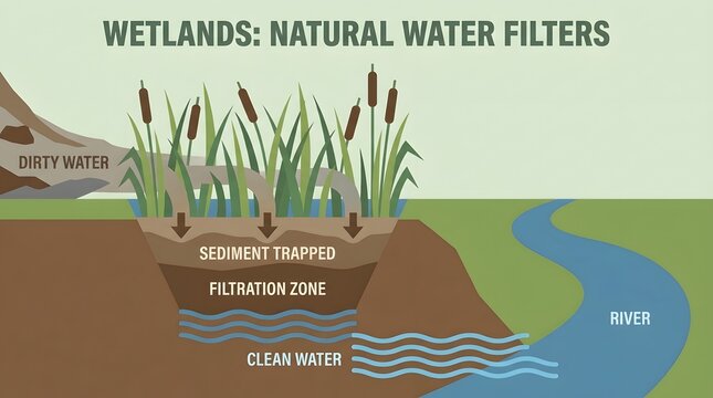 Wetlands Natural Water Filters Diagram Showing Sediment Trapped and Clean Water Flow