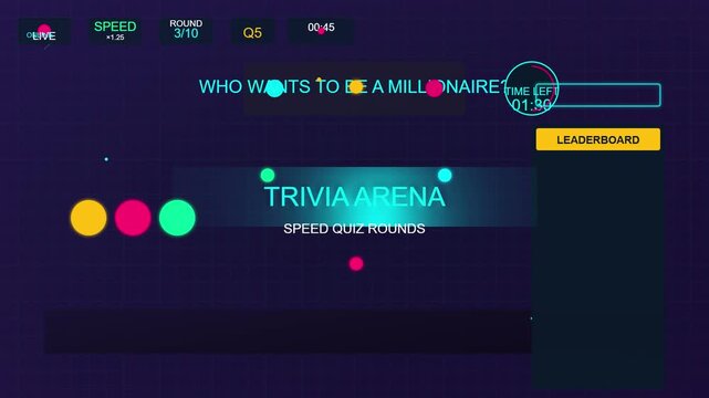 Digital Trivia Game Show Interface with Speed Quiz Rounds and Timer Display