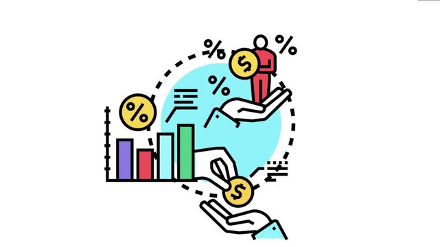 Financial transactions showing a borrower receiving money, a hand lending funds, percentage symbols, and a bar chart analyzing the cost of credit