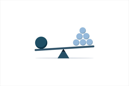 One large sphere balancing small spheres on a seesaw. Conceptual vector illustration for quality versus quantity and value balance.