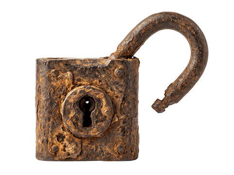 Old rusty padlock with an open shackle on a transparent background funny animal emoji