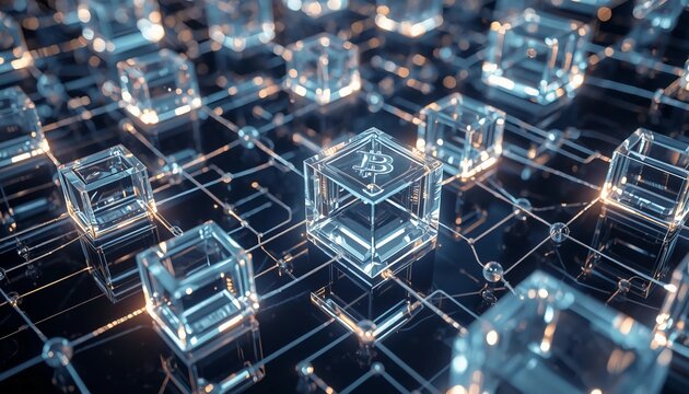 Blockchain crypto technology abstract 3d matrix with glowing decentralized ledger blocks