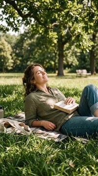 A peaceful young woman enjoys a guilt-free nap on a blanket in a lush green park. She holds a book while basking in the warm dappled sunlight. A perfect scene of mental health self-care.