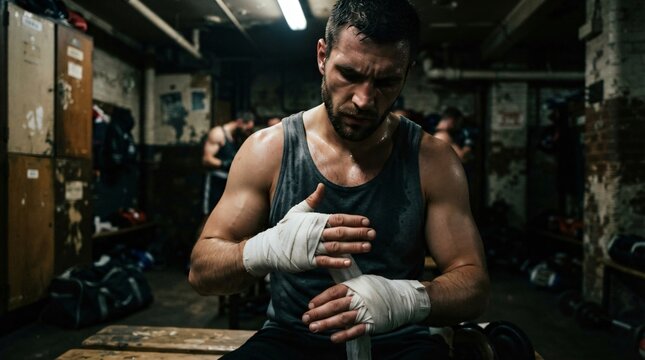 A determined male boxer prepares for a difficult championship fight by wrapping his hands with athletic tape while sitting inside a gritty locker room where he trains for his upcoming tournament