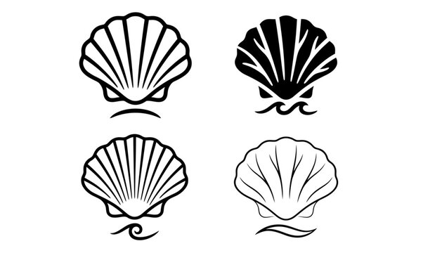 Set of four scallop shell vector illustrations in outline and solid silhouette styles featuring wave details, perfect for seafood logos, beach themes, and marine biology designs.