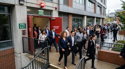 Fototapeta premium Diverse Business Professionals Evacuating Office Building Through Fire Exit During Emergency Drill
