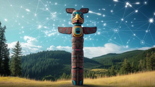 Slow camera push-in toward the tall Native American totem pole standing in a beautiful mountain forest. Ai generated