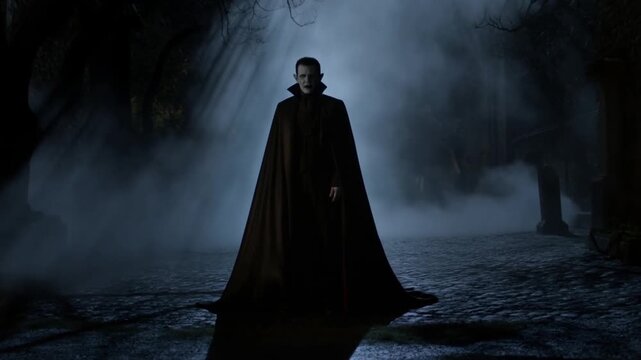 Tracking shot cloaked figure slowly approaching between tombstones in foggy graveyard with moon rays and backlit shadows at night, atmospheric gothic scene