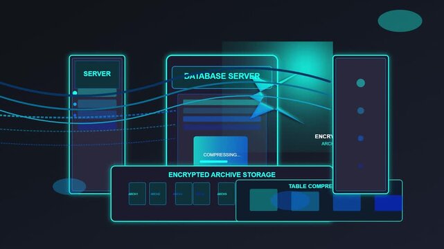 Cyber-Themed Data Storage and Database Server Illustration with Encryption