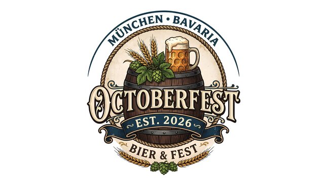 Circular Oktoberfest 2026 emblem with beer barrel and hops badge.