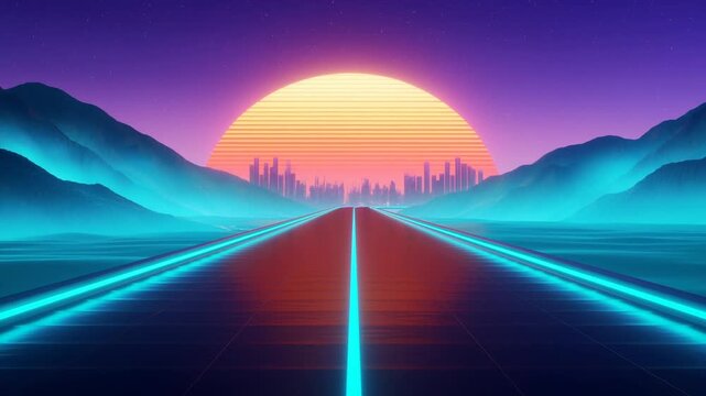 Tracking shot neon highway leading toward futuristic city skyline across mountain valley at sunset with glowing retro synthwave colors