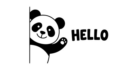 Naklejka premium Black Panda Bear Peeking Hello Greeting Minimal Cartoon Vector Design