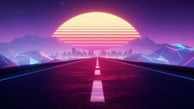 Tracking shot road driving toward glowing retro sun over futuristic city and geometric mountains at horizon