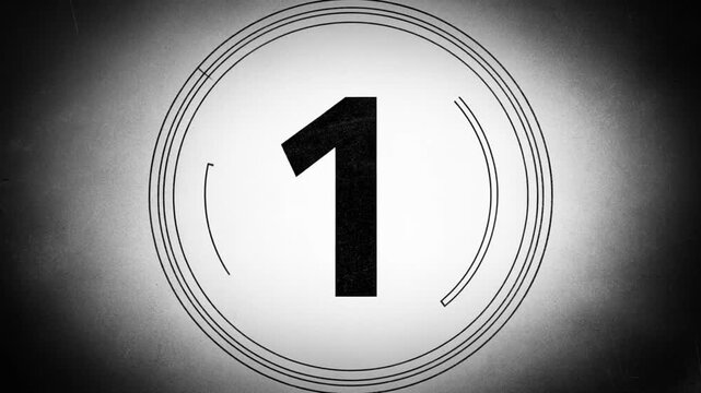 Static shot countdown numbers changing on retro film leader circle background with vignette and film grain texture