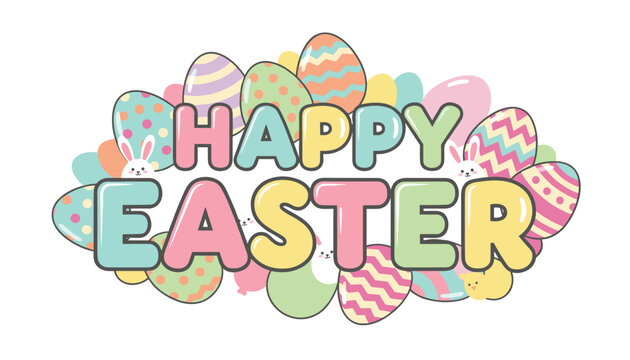 Playful happy easter typography banner with colorful decorated easter eggs and cute cartoon bunnies.