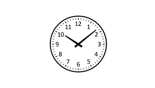 Minimalist analog round wall clock face with ticks showing the time ten past ten isolated on white background.