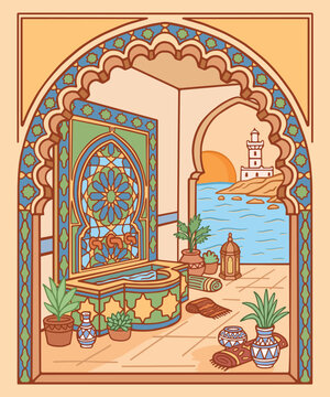 Hand Drawn Moroccan Fountain and Sunset View Vector Illustration