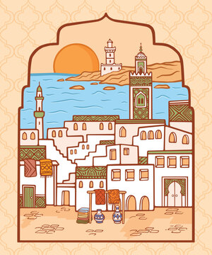 Hand Drawn Moroccan Coastal Town Vector Illustration