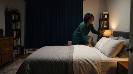 Fototapeta premium A smiling woman in green pajamas prepares her bed in a cozy, dimly lit bedroom. This bedtime ritual emphasizes the importance of sleep for mental health and self-care.