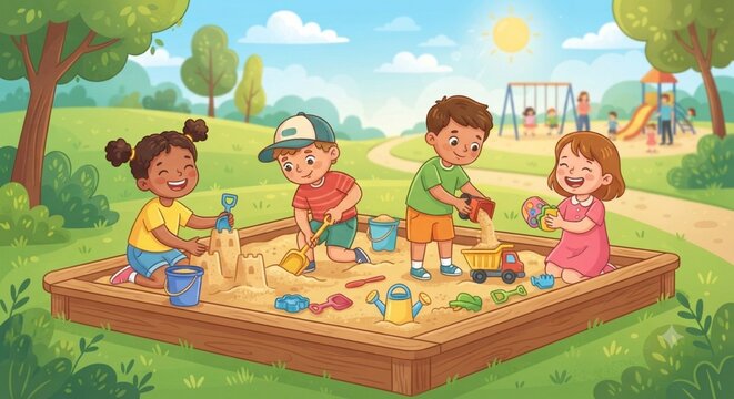 Children playing in the sandbox, vector design