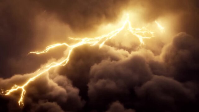 Slow motion lightning streaking and arcing across dark storm clouds with golden illumination and shifting thunderheads in atmosphere