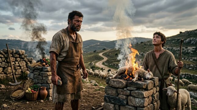 Ancient fraternal conflict: Cain brother, Abel shepherd, Bible narrative, religion offering, divine favor, moral choice, human sin, sacred ritual.