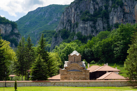 A view of the medieval  (XIV century) Poganovo monastery in the valley of the Jerma River, Serbia,  and its mountain landscape. Adobe RGB color profile. Real photo.