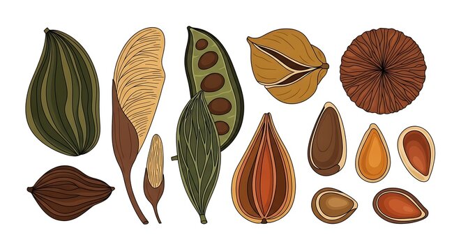 Detailed Vector Illustration of Various Botanical Seeds and Pods Collection