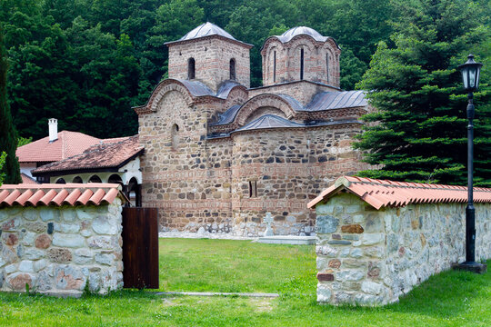 Side entrance to the medieval Poganovo monastery (XIV century) in the valley of the Jerma River, Serbia. Adobe RGB color profile. Real photo.