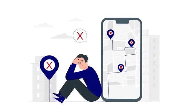 Frustrated man sitting near large smartphone navigation map experiencing delivery failures in this flat vector animation style motion video clip