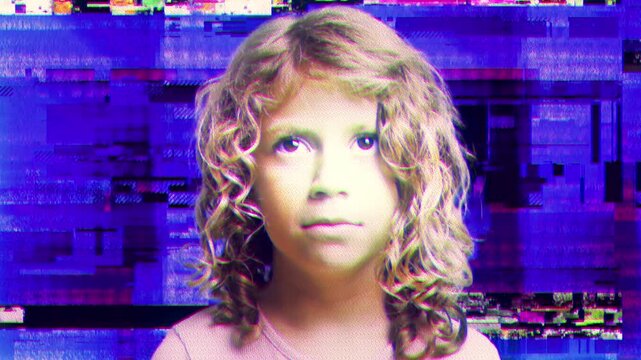 girl looks at camera for security scan with overlayed glitch 