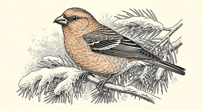 Detailed Engraved Illustration of a Finch Perched on a Snow-Covered Pine Branch