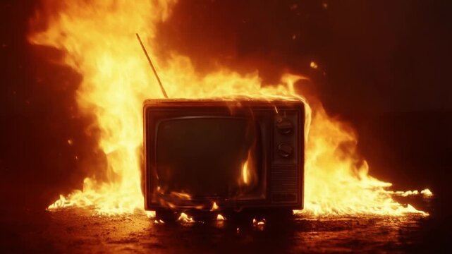 Slow motion vintage television burning on wet concrete floor in dark studio with spreading flames and flying embers
