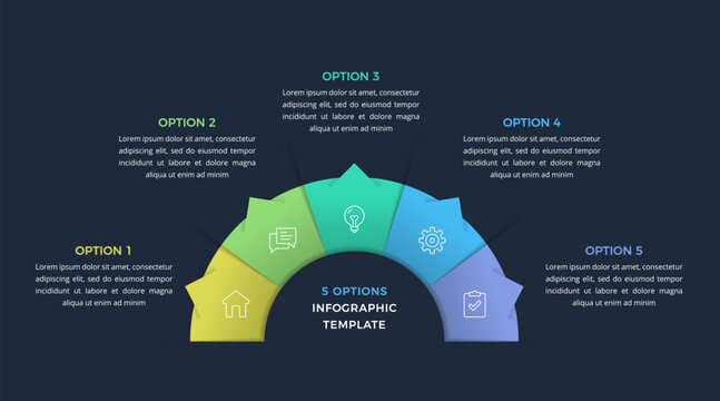 Semicircular radial diagram infographic template composed of five segments, ideal for presenting sequential steps or business options. Dark background