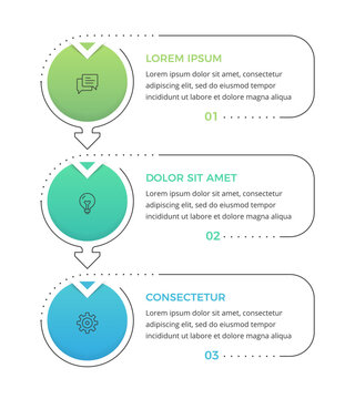 Vertical process flow infographic template featuring three numbered elements connected by arrows
