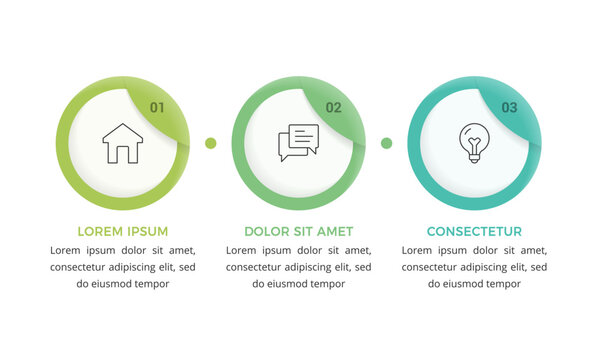 Horizontal step sequence infographic template featuring three numbered circular elements connected by dots