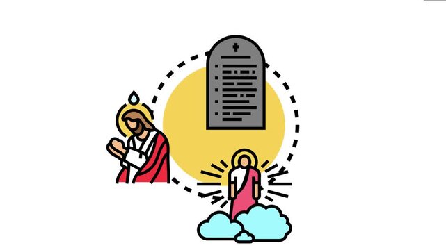 Born again christian faith concept spiritual transformation with a figure praying and being baptized, divine commandments, and a figure ascending into light
