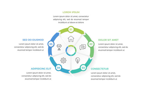 Five-step circular cycle diagram infographic template featuring a radial layout with numbered segments and arrows indicating a continuous process flow for project management or business strategy
