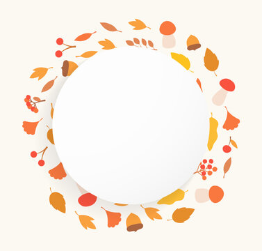 Autumn banner with round frame surrounded by colorful autumn elements, seasonal template for invitations, greeting cards and banners