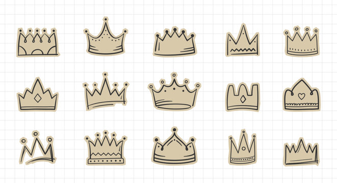 Set of hand-drawn crown doodles styled as scrapbook sticker elements